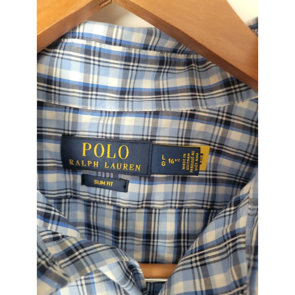Polo Ralph Lauren Men's Large Slim Fit Blue White Plaid Casual Button-Down Shirt - Picture 3 of 3